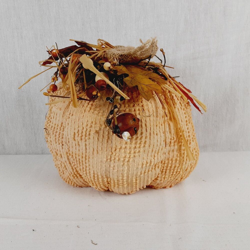 Stuffed Fabric Pumpkin with Fall Foliage Leaves Autumn Harvest Decor 9 1/2"